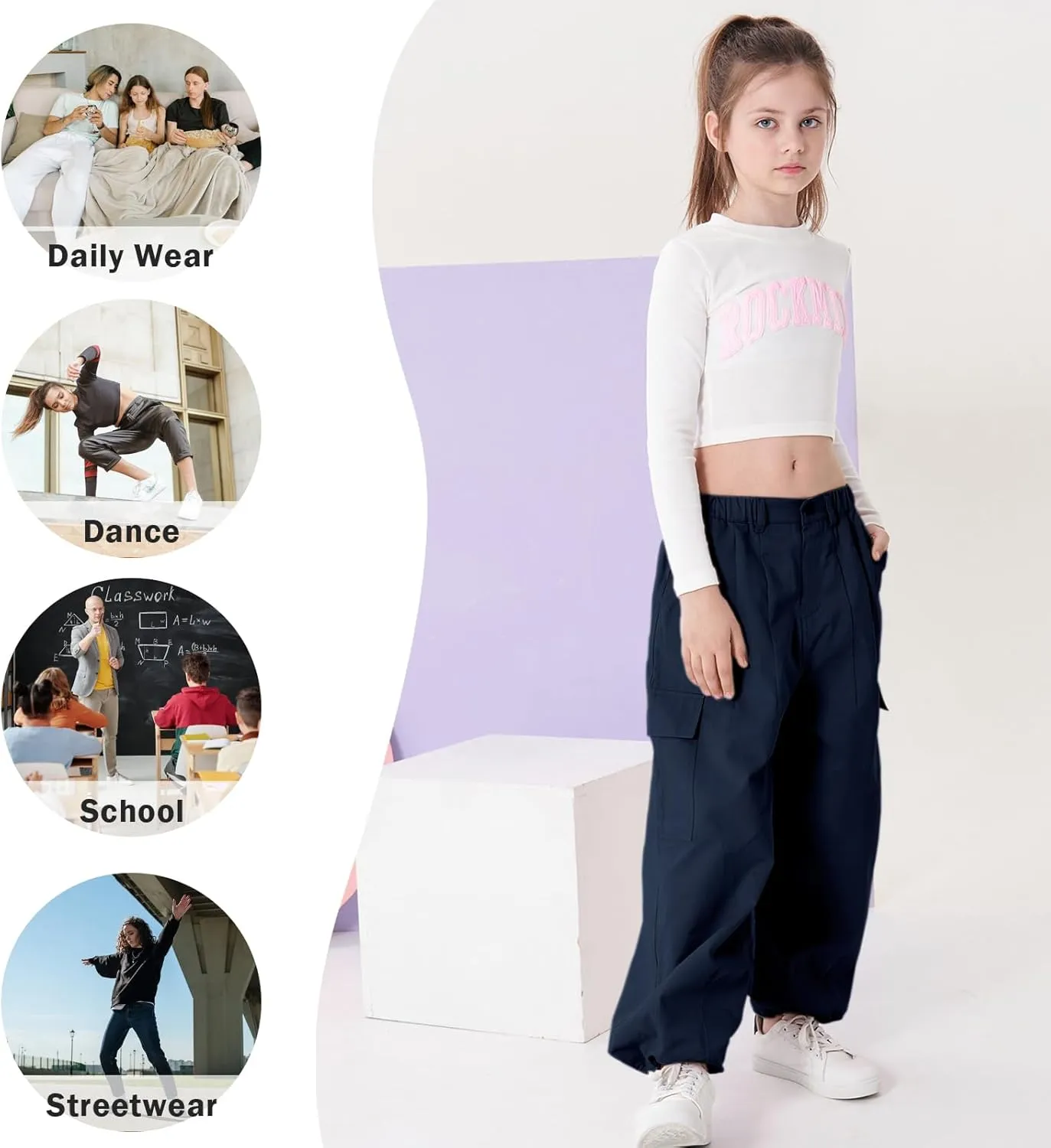 Rolanko Girls Cargo Pants Wide Leg Streetwear Kids Pants with Pockets Trendy Jogger Trousers 4-14 Years