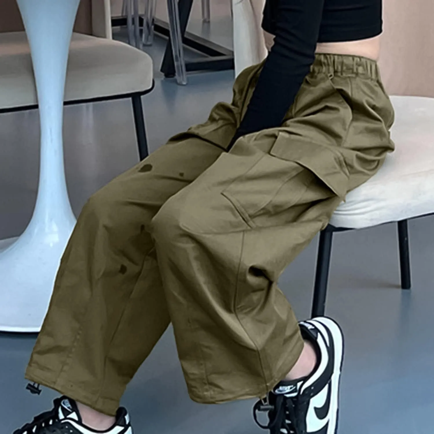 Rolanko Girls Cargo Pants Wide Leg Streetwear Kids Pants with Pockets Trendy Jogger Trousers 4-14 Years