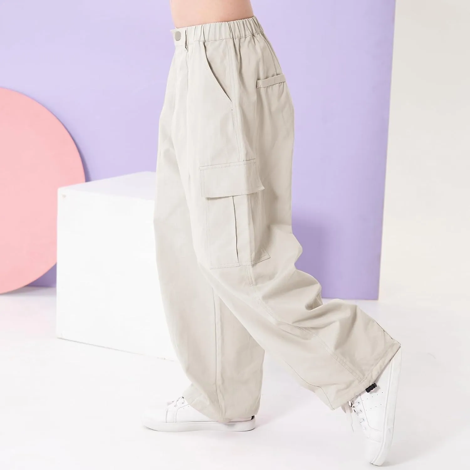 Rolanko Girls Cargo Pants Wide Leg Streetwear Kids Pants with Pockets Trendy Jogger Trousers 4-14 Years