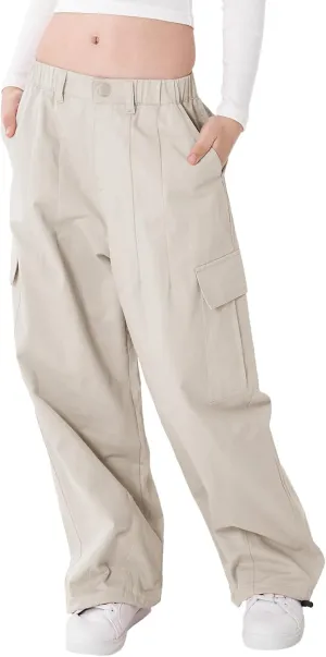 Rolanko Girls Cargo Pants Wide Leg Streetwear Kids Pants with Pockets Trendy Jogger Trousers 4-14 Years
