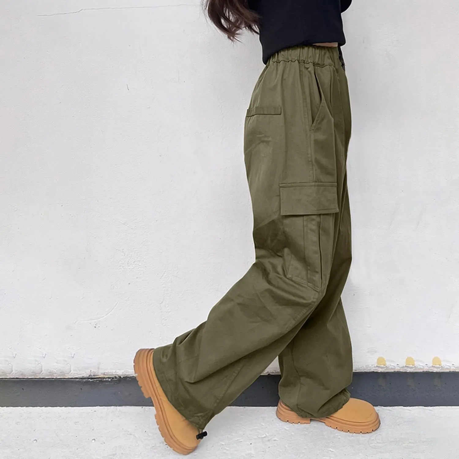 Rolanko Girls Cargo Pants Wide Leg Streetwear Kids Pants with Pockets Trendy Jogger Trousers 4-14 Years