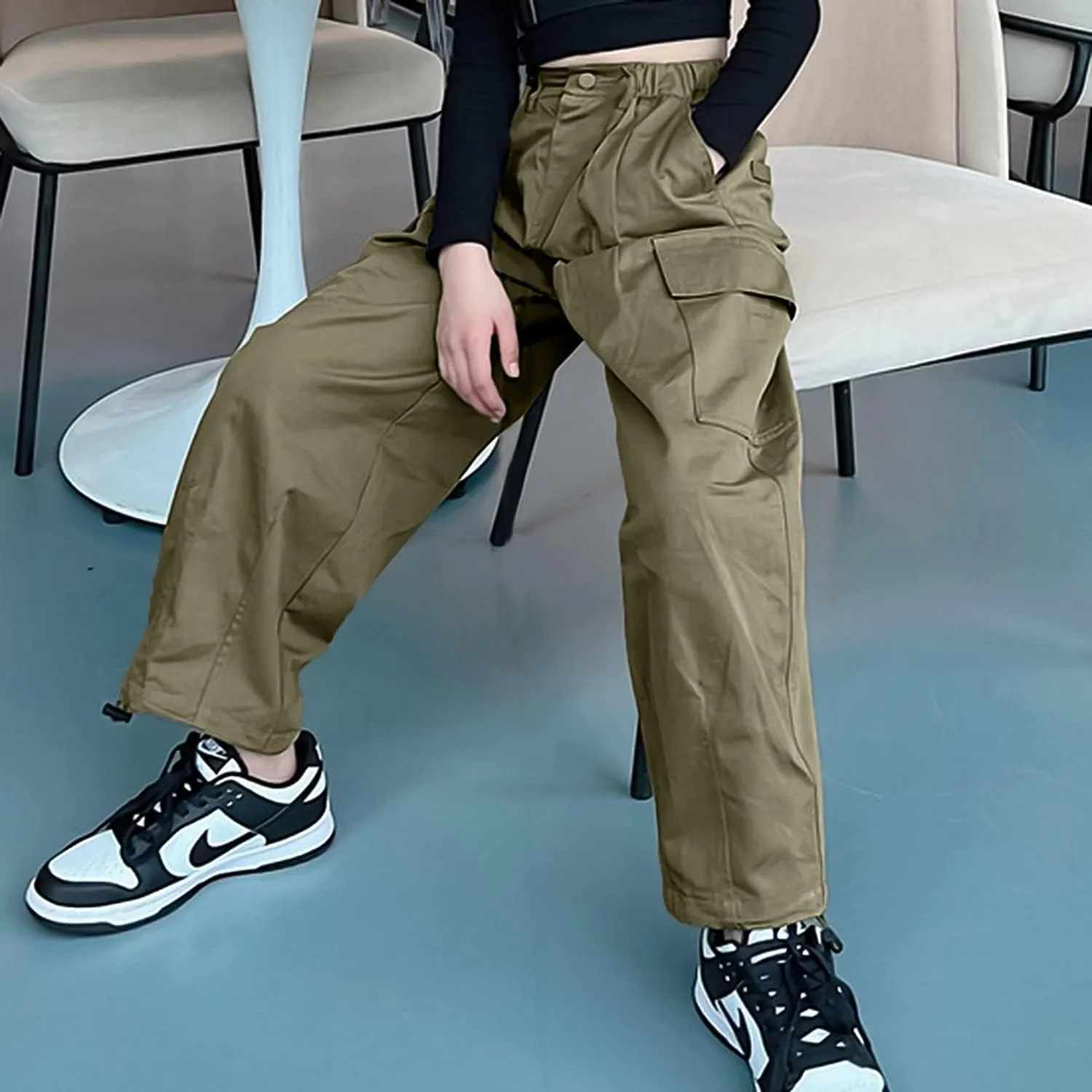 Rolanko Girls Cargo Pants Wide Leg Streetwear Kids Pants with Pockets Trendy Jogger Trousers 4-14 Years