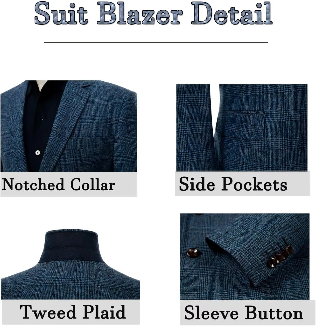 ROZU Tweed Plaid Mens Suit 2 Piece Set for Men Slim Fit Suit Blazer Pants Tuxedo Set for Casual Business