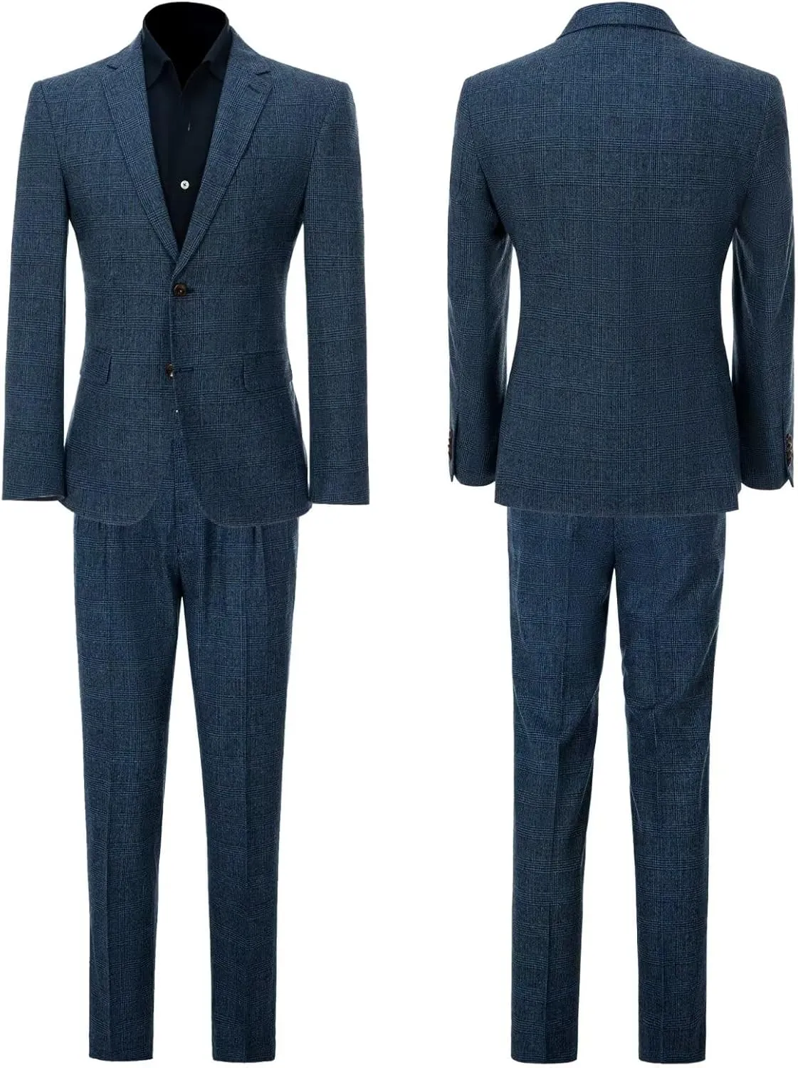 ROZU Tweed Plaid Mens Suit 2 Piece Set for Men Slim Fit Suit Blazer Pants Tuxedo Set for Casual Business