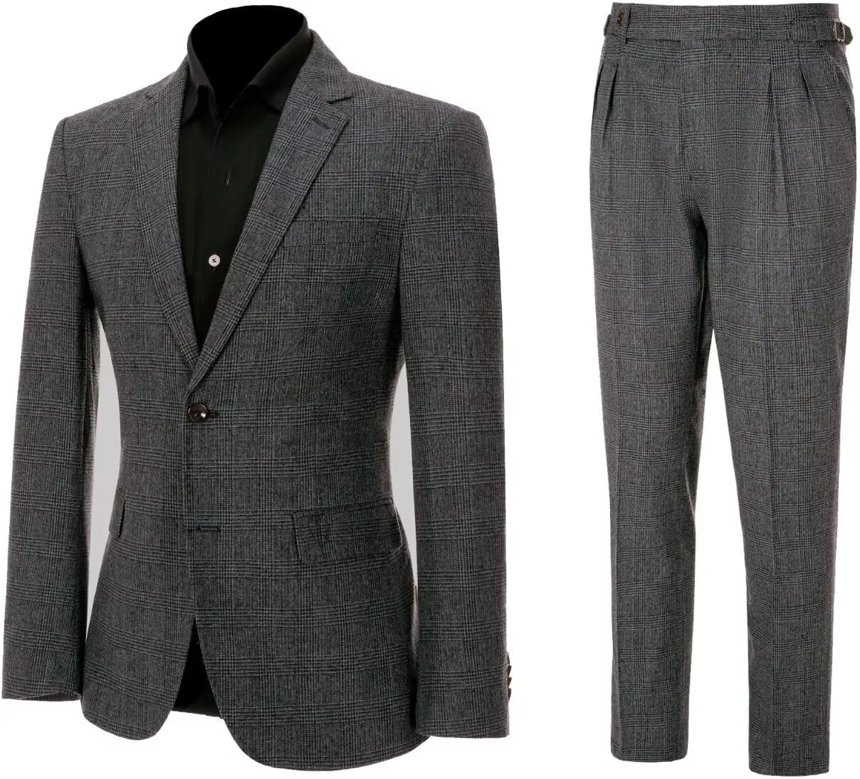 ROZU Tweed Plaid Mens Suit 2 Piece Set for Men Slim Fit Suit Blazer Pants Tuxedo Set for Casual Business
