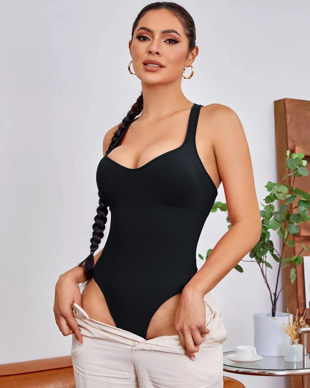 RUNNING GIRL Bodysuits for Women Tummy Control Shapewear Bodysuit Sleeveless Square Neck Racerback Casual Thong Bodysuit