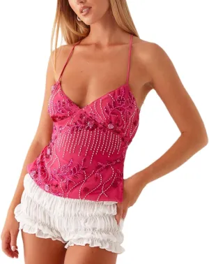 SAFRISIOR Women Y2K Floral Sequin Cami Top Sexy Sparkle Tank V Neck Open Back Cute Criss Cross Straps Halter Crop Tops