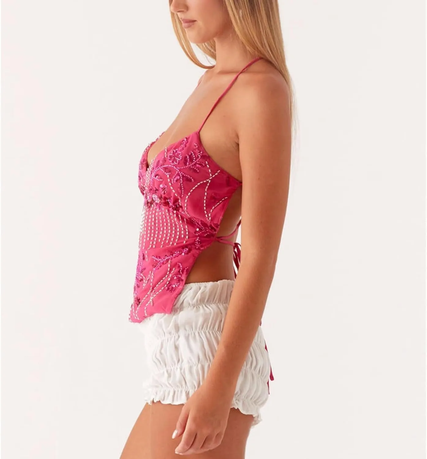 SAFRISIOR Women Y2K Floral Sequin Cami Top Sexy Sparkle Tank V Neck Open Back Cute Criss Cross Straps Halter Crop Tops