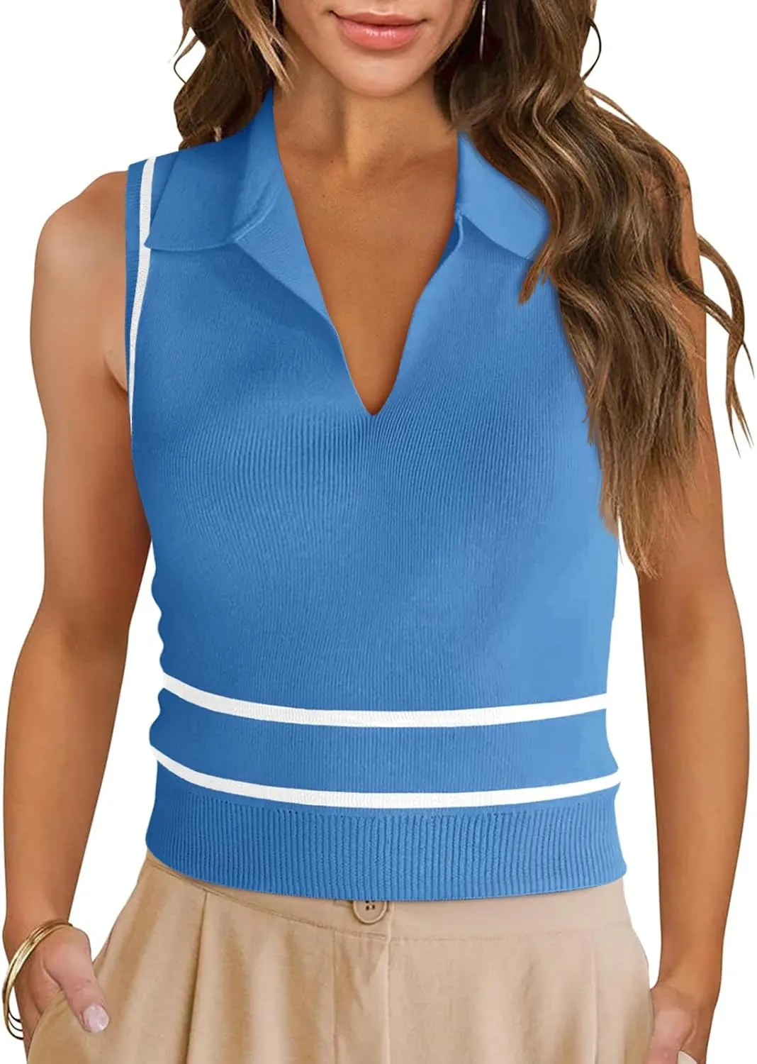 Saodimallsu Womens Sleeveless Cropped Sweater Vest V Neck Collared Color Block Y2k Crop Tank Top Summer Polo Shirts