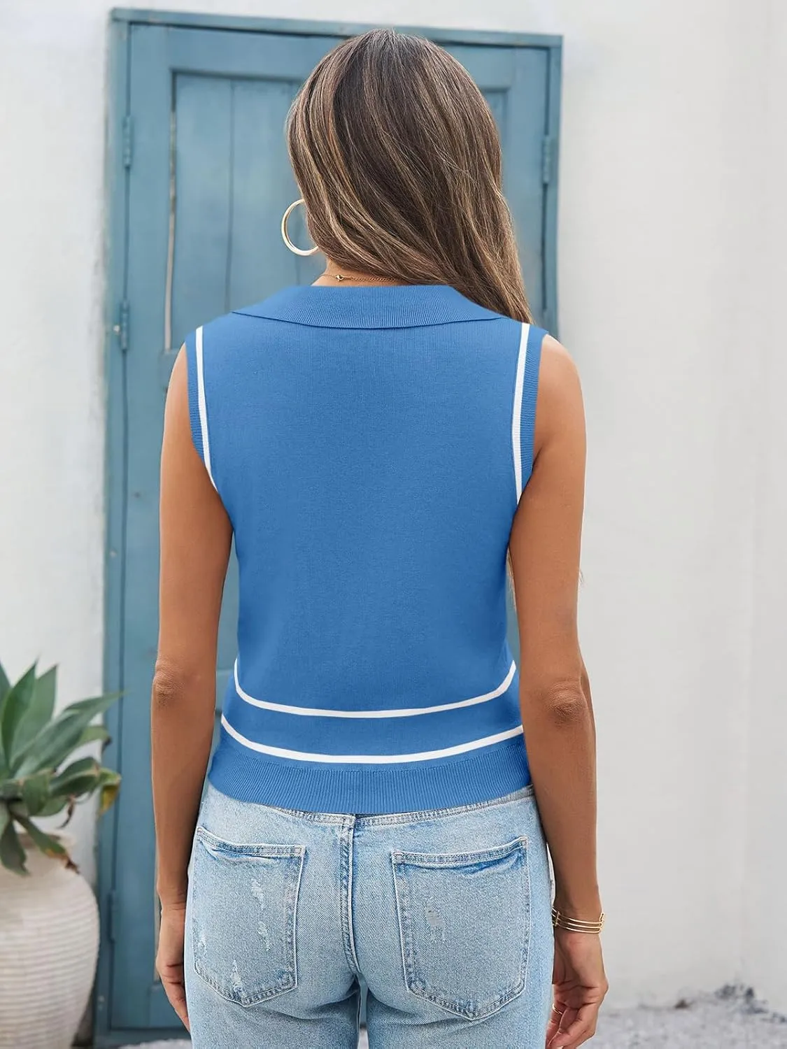 Saodimallsu Womens Sleeveless Cropped Sweater Vest V Neck Collared Color Block Y2k Crop Tank Top Summer Polo Shirts