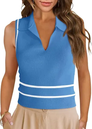 Saodimallsu Womens Sleeveless Cropped Sweater Vest V Neck Collared Color Block Y2k Crop Tank Top Summer Polo Shirts