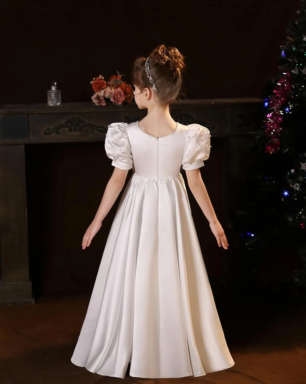 Satin First Communion Dress Flower Girl Dresses for Wedding Pearls Princess Pageant Dress with Bow-Knot