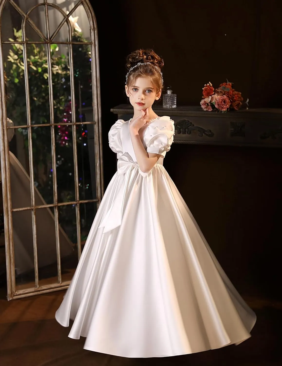 Satin First Communion Dress Flower Girl Dresses for Wedding Pearls Princess Pageant Dress with Bow-Knot