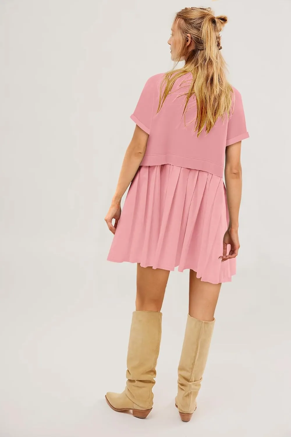 SAUKOLE Womens Summer Crew Neck Short Sleeve Dress Patchwork Pleated A Line Beach Boho Mini Dress