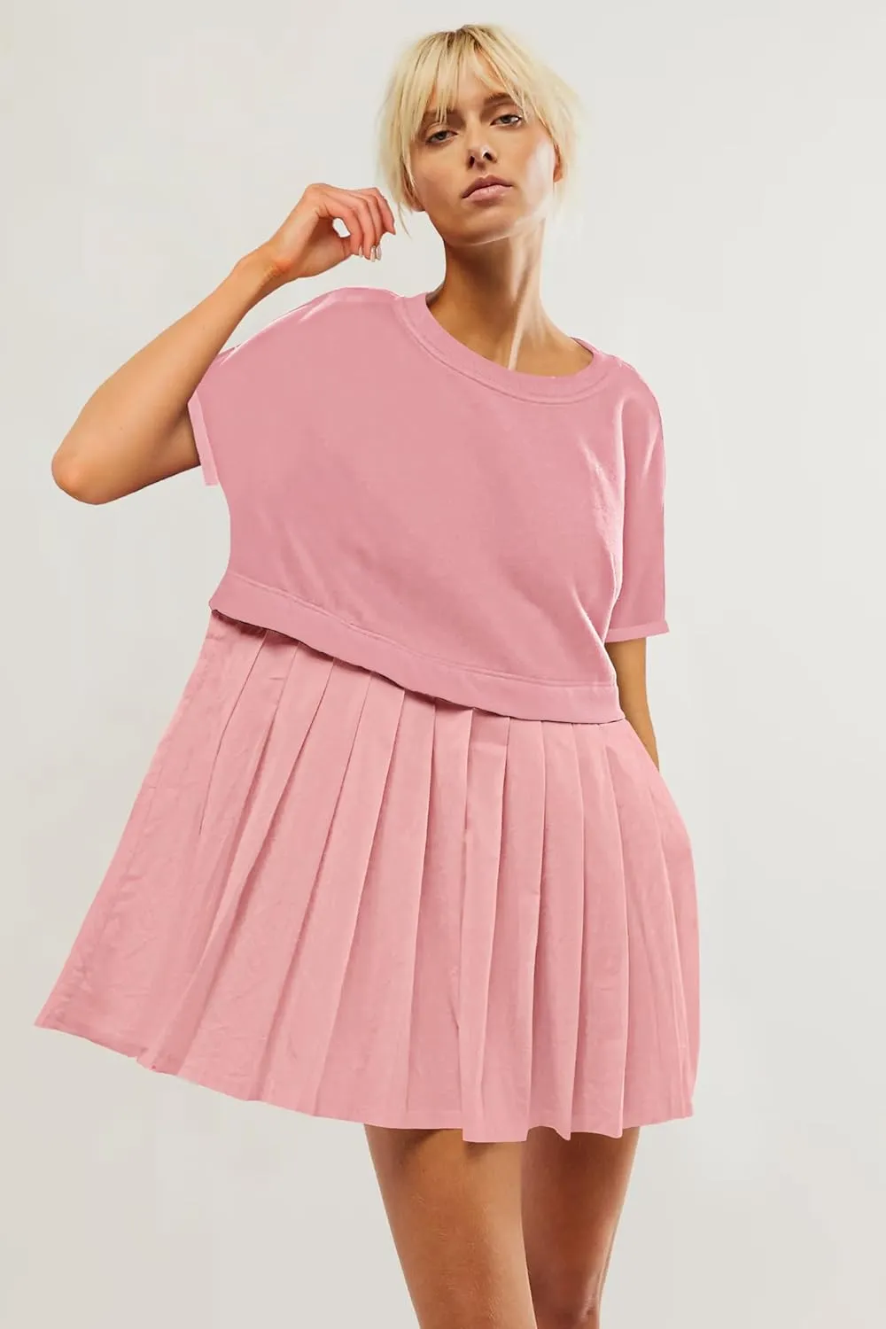 SAUKOLE Womens Summer Crew Neck Short Sleeve Dress Patchwork Pleated A Line Beach Boho Mini Dress