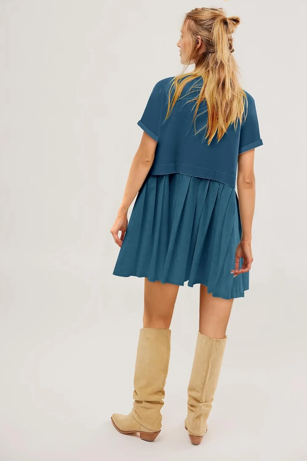 SAUKOLE Womens Summer Crew Neck Short Sleeve Dress Patchwork Pleated A Line Beach Boho Mini Dress