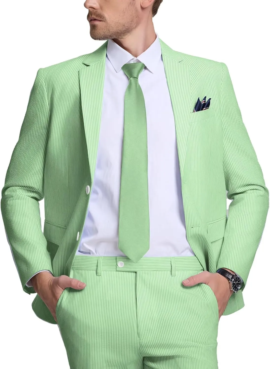 Seersucker Mens Suit 2 Piece Slim Fit Stripe Suits Tuxedo Blazer Jackets Pants Set Summer Beach Wedding Outfit for Men