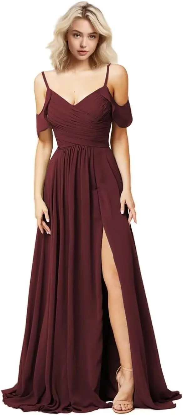 SHANDUAO Chiffon Cold Shoulder Bridesmaid Dress A Line Formal Evening Dress with Slit
