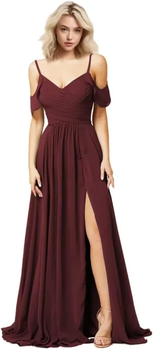 SHANDUAO Chiffon Cold Shoulder Bridesmaid Dress A Line Formal Evening Dress with Slit
