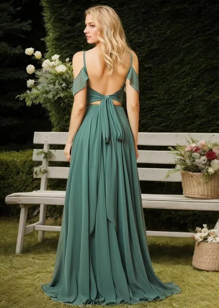 SHANDUAO Chiffon Cold Shoulder Bridesmaid Dress A Line Formal Evening Dress with Slit