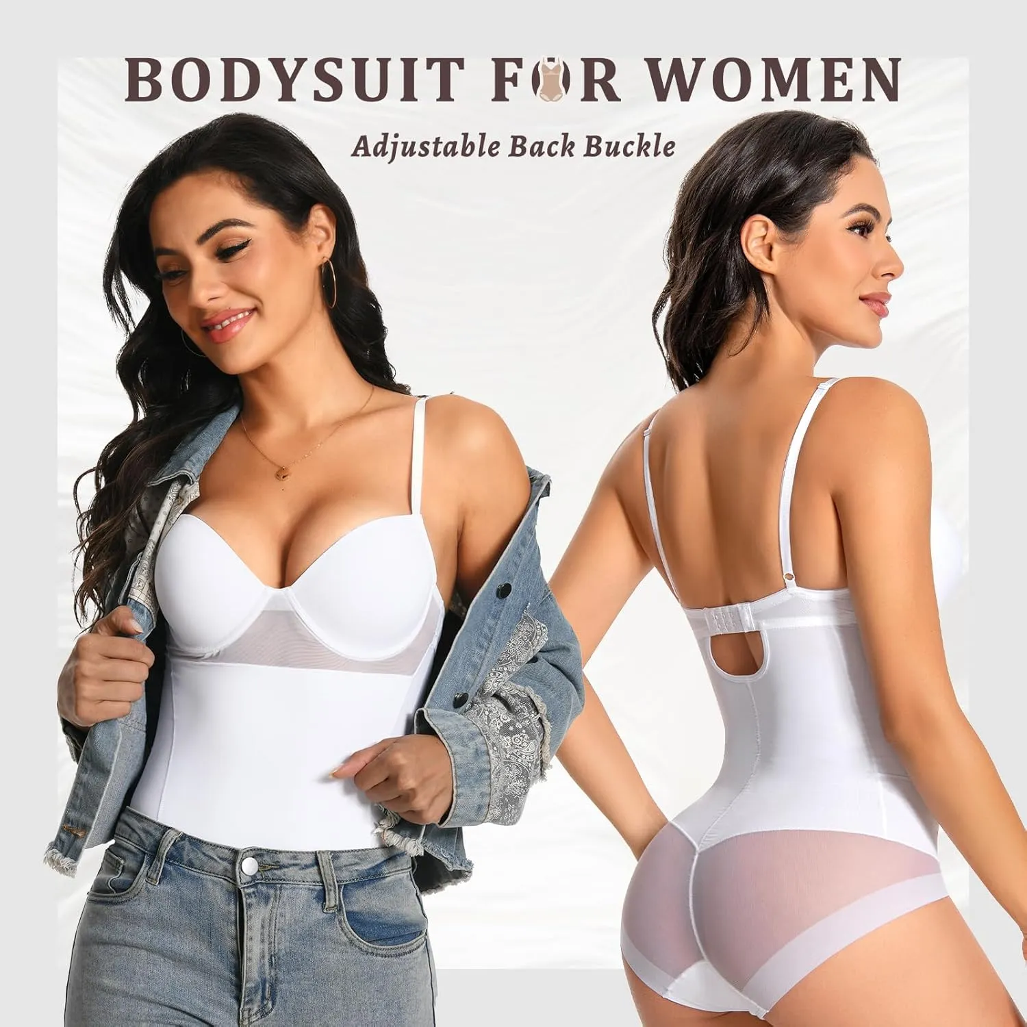Shapewear for Women Elasticity Slimmer White Mesh Shapewear Tummy Control Full Seamless Camisole Bodysuits