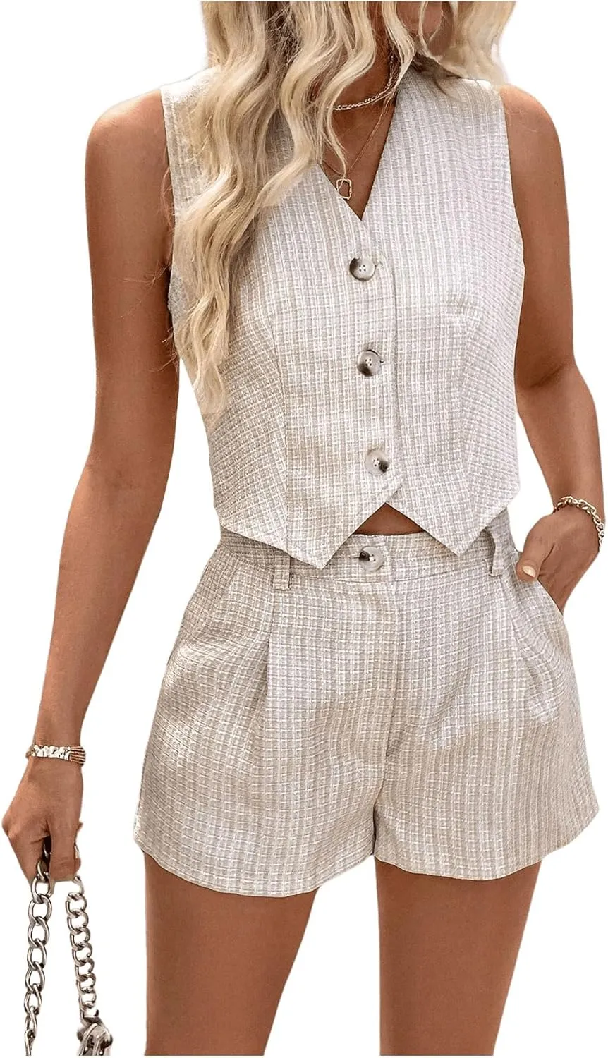 SHENHE Women's 2 Piece Suits Set Button Up Sleeveless Blazer Vest Crop Top and Shorts Set