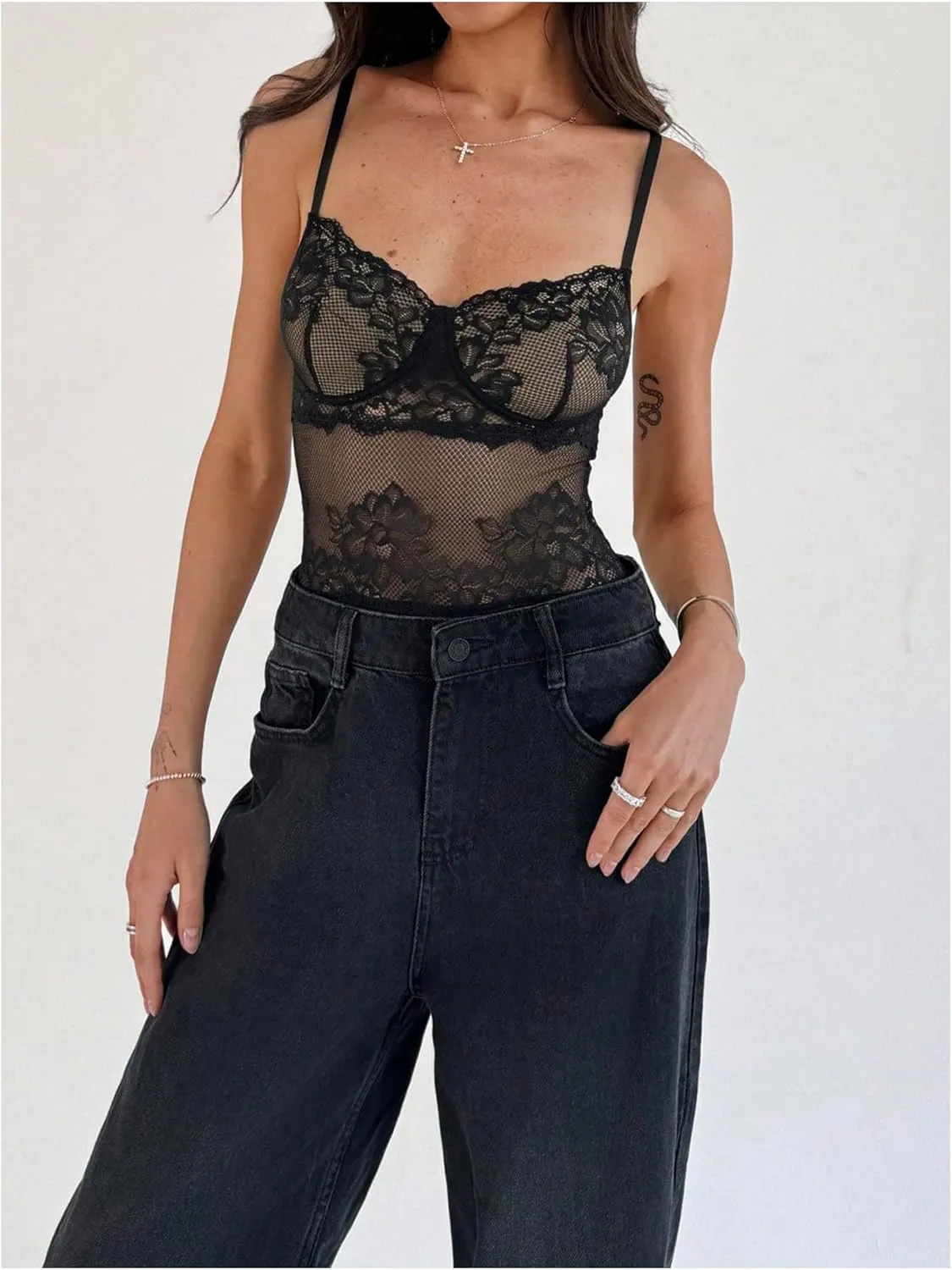 SHENHE Women's Lace Bustier Bodysuit Sheer Corset Top V Nek Spaghetti Strap Floral Bodysuits Camisole