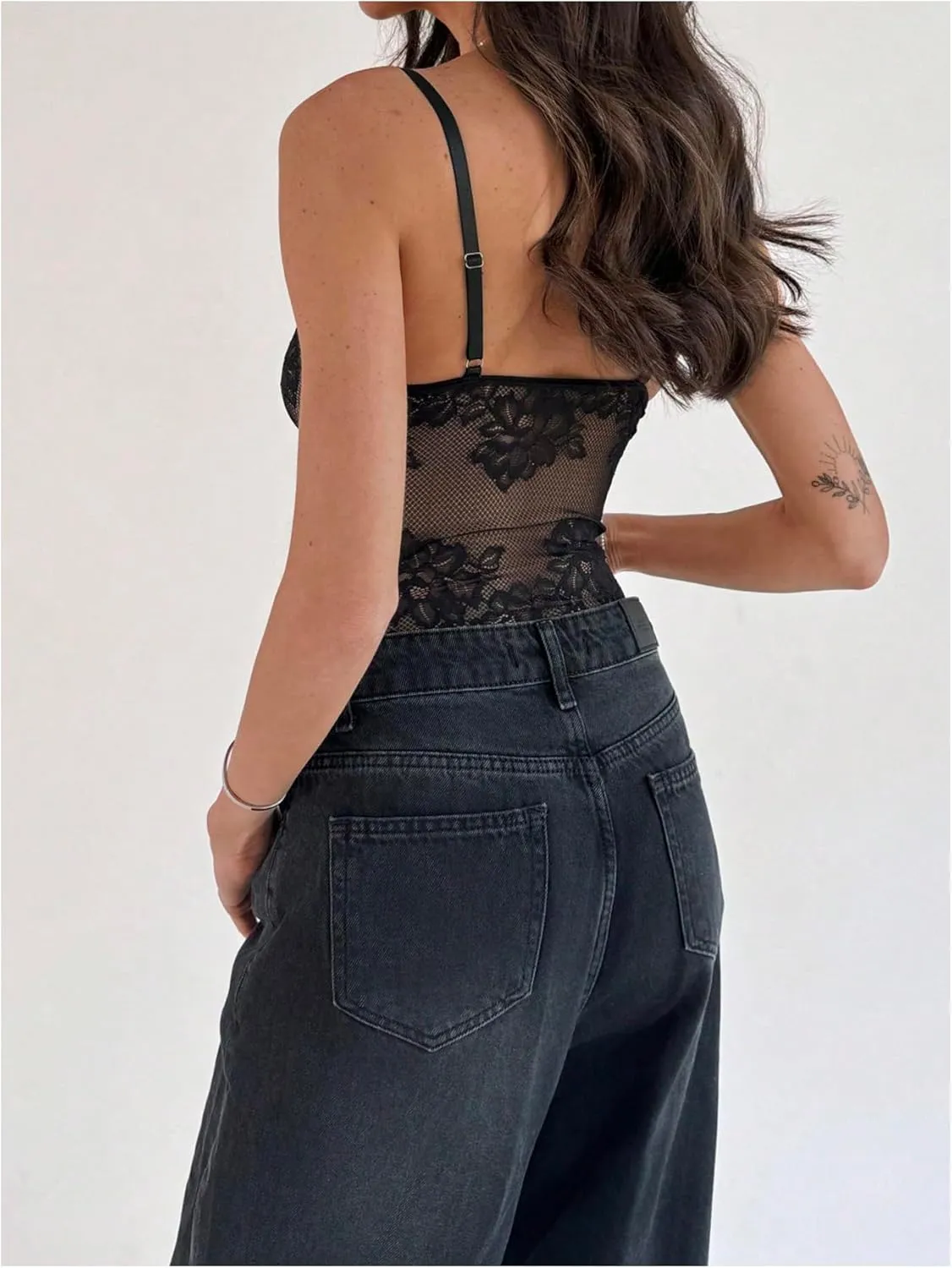 SHENHE Women's Lace Bustier Bodysuit Sheer Corset Top V Nek Spaghetti Strap Floral Bodysuits Camisole