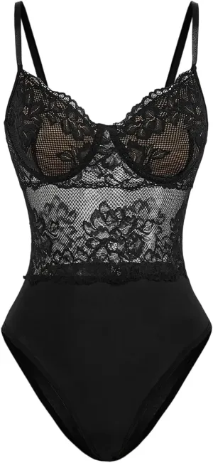 SHENHE Women's Lace Bustier Bodysuit Sheer Corset Top V Nek Spaghetti Strap Floral Bodysuits Camisole