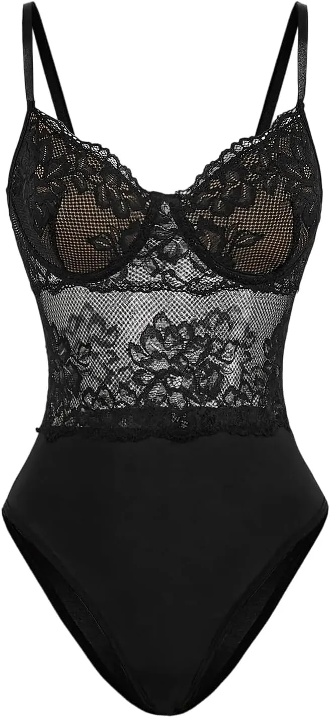 SHENHE Women's Lace Bustier Bodysuit Sheer Corset Top V Nek Spaghetti Strap Floral Bodysuits Camisole