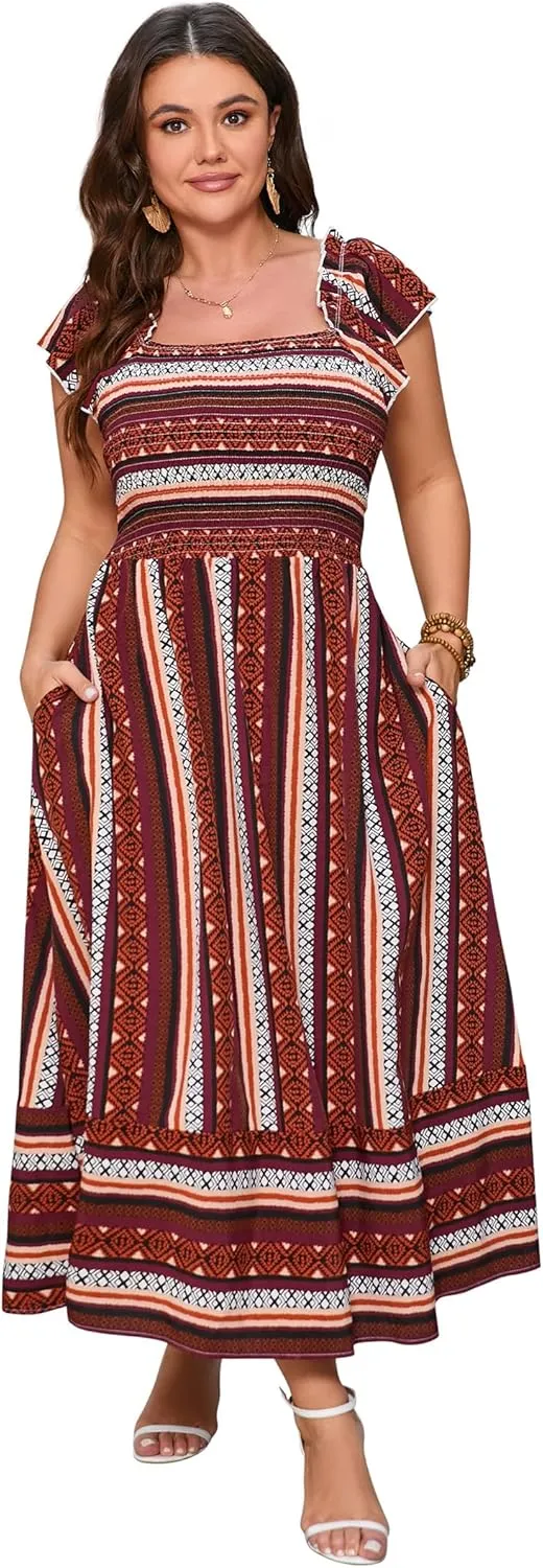 ShopWonder Women Plus Size Maxi Dress Smocked Short Sleeve High Waist Boho Casual Summer Dress