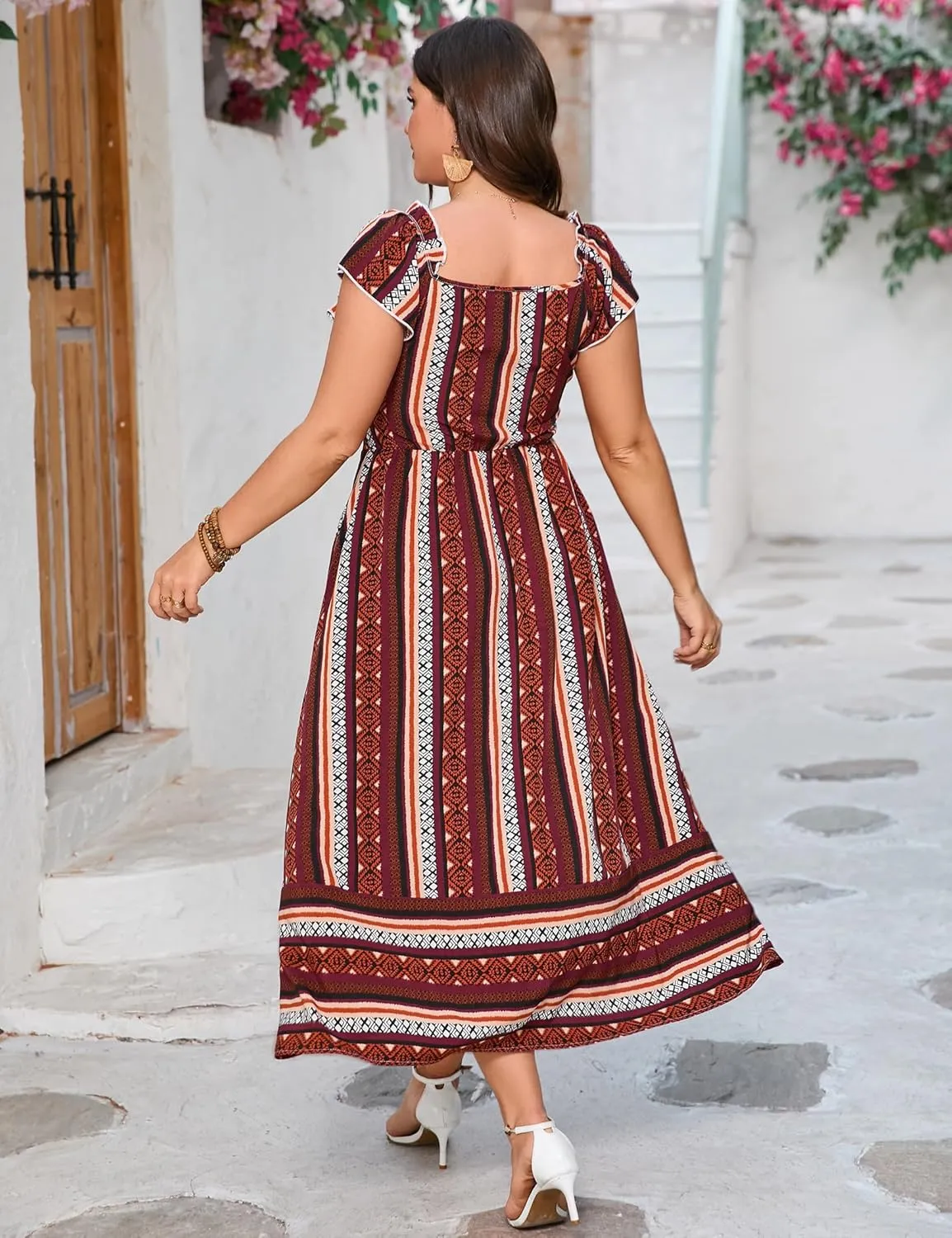 ShopWonder Women Plus Size Maxi Dress Smocked Short Sleeve High Waist Boho Casual Summer Dress