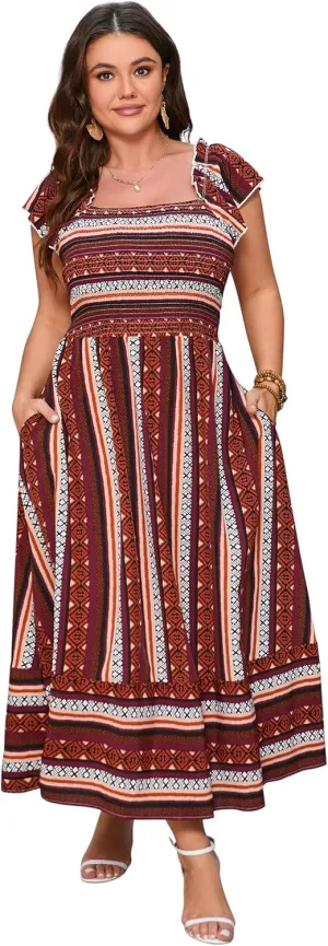ShopWonder Women Plus Size Maxi Dress Smocked Short Sleeve High Waist Boho Casual Summer Dress