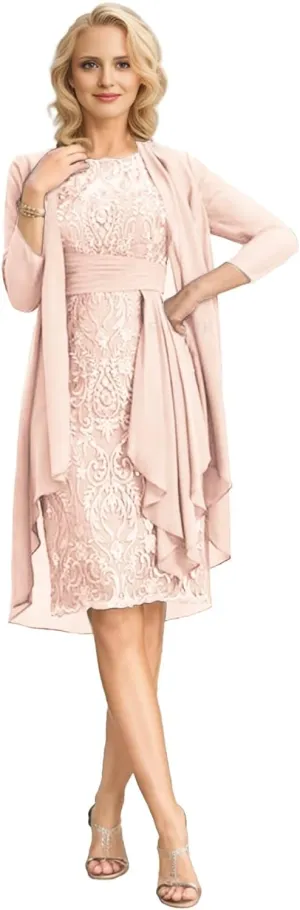 SIPUHK 2 Pieces Mother of The Bride Dresses with Jacket Lace Applique 3/4 Sleeve Bodycon Formal Dress for Women Wedding Guest