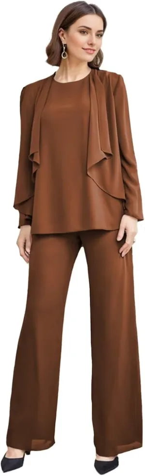 SIPUHK 3 Piece Mother of The Bride Pantsuits with Jackets Chiffon Long Sleeve Classy Formal Pant Suits for Women Dressy