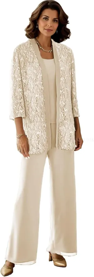 SIPUHK 3 Piece Mother of The Bride Pantsuits with Jackets Lace Sequin Long Sleeve Sparkly Formal Pant Suits for Women Dressy