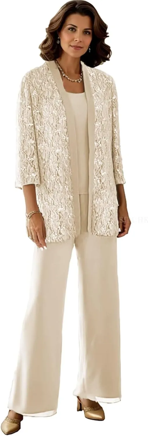SIPUHK 3 Piece Mother of The Bride Pantsuits with Jackets Lace Sequin Long Sleeve Sparkly Formal Pant Suits for Women Dressy