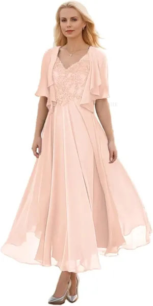 SIPUHK Women's 2 Pieces Mother of The Bride Dresses for Wedding Tea Length Lace Applique Short Sleeve Formal Gown with Jacket
