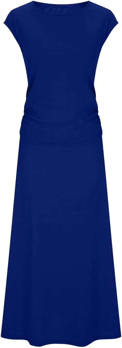 Skirt Sets Women 2 Piece Outfits Casual Ribbed Knit Crewneck Cap Sleeve Crop Top High Waisted Swing Maxi Skirts