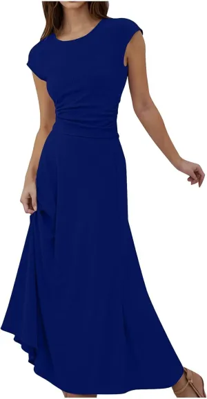 Skirt Sets Women 2 Piece Outfits Casual Ribbed Knit Crewneck Cap Sleeve Crop Top High Waisted Swing Maxi Skirts