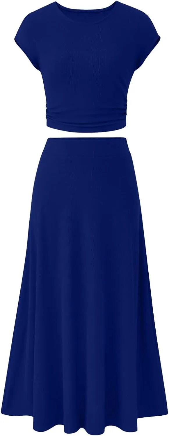 Skirt Sets Women 2 Piece Outfits Casual Ribbed Knit Crewneck Cap Sleeve Crop Top High Waisted Swing Maxi Skirts