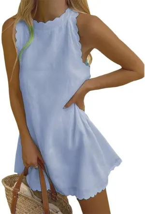 Sleeveless Cotton Linen Tank Dress for Women Scallop Neck Loose Casual Summer Mini Short Dresses
