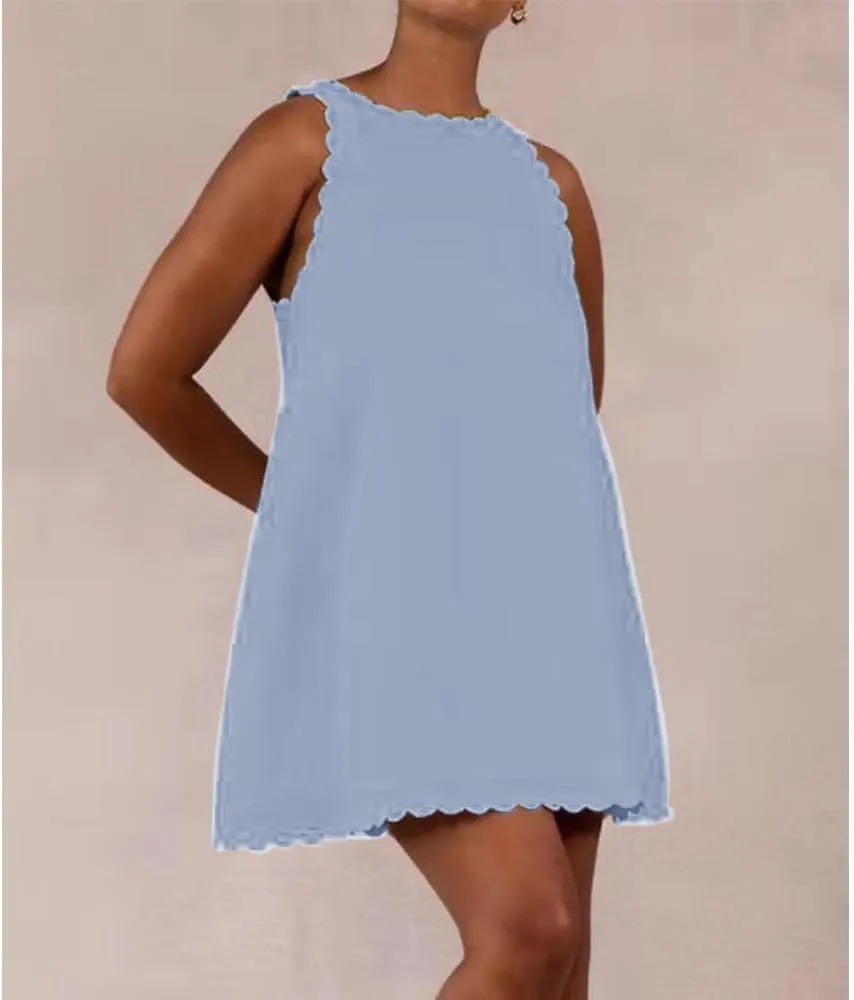 Sleeveless Cotton Linen Tank Dress for Women Scallop Neck Loose Casual Summer Mini Short Dresses
