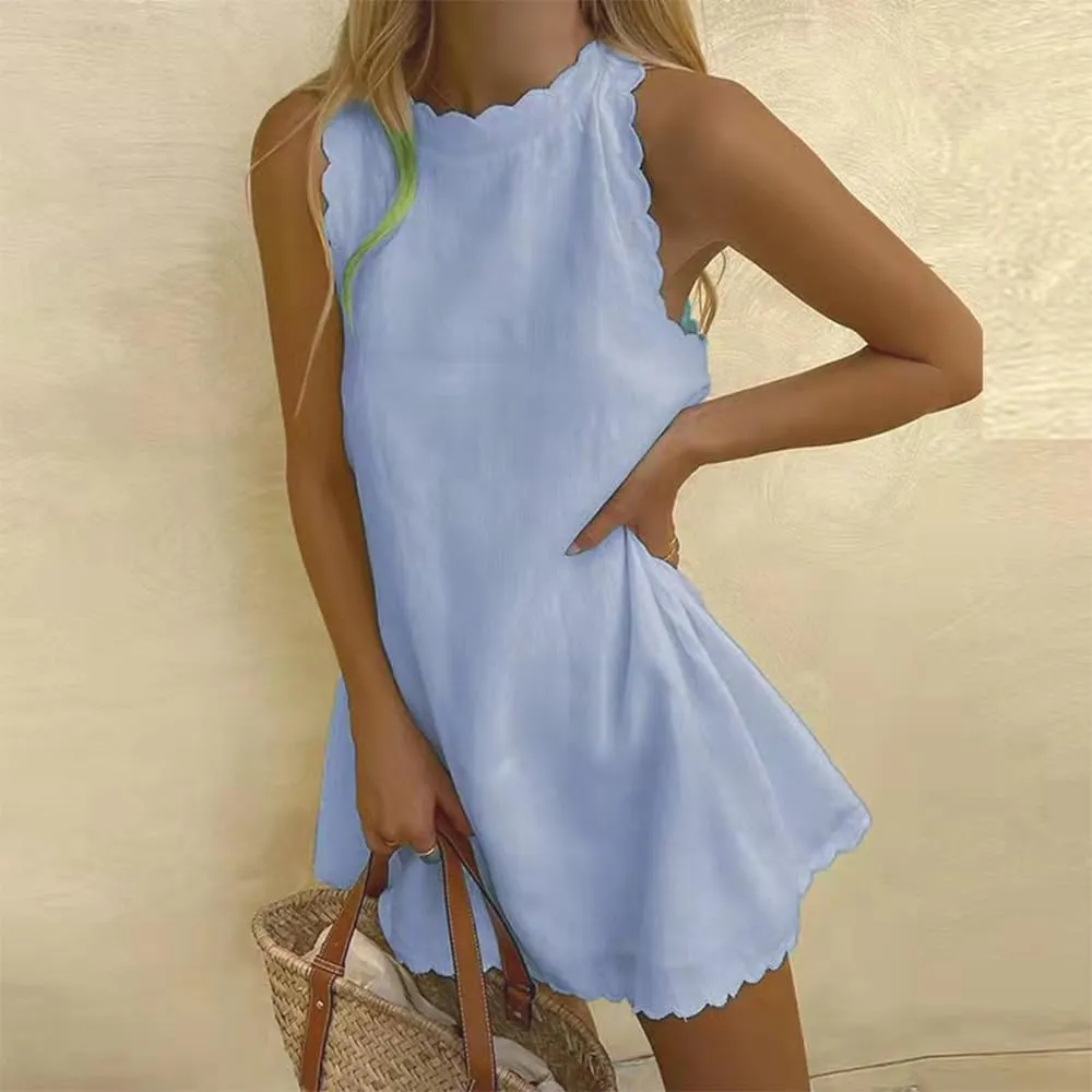 Sleeveless Cotton Linen Tank Dress for Women Scallop Neck Loose Casual Summer Mini Short Dresses
