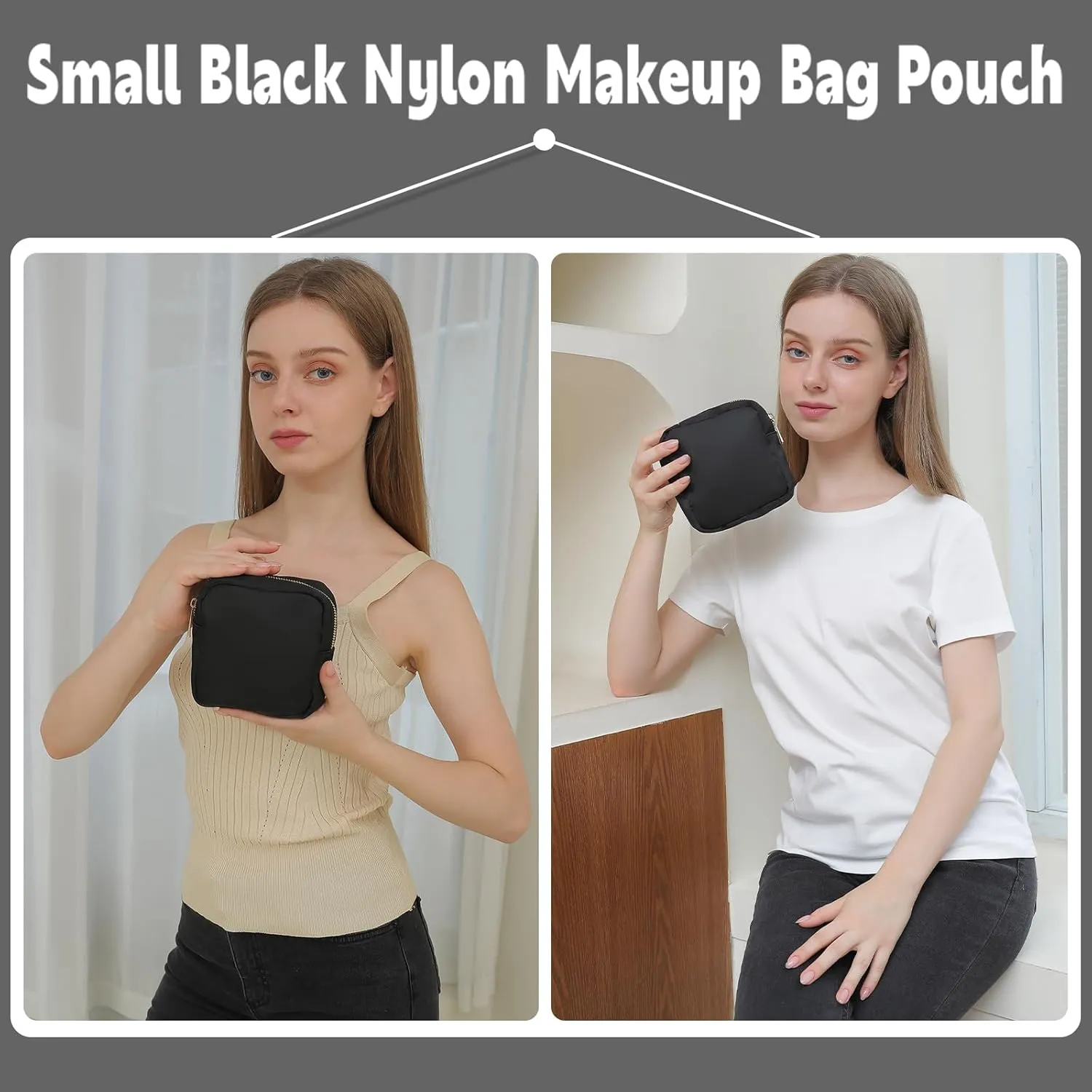 Small Makeup Bag Pouch for Purse Mini Travel Cosmetic Pouch Bag Women Coins Purse Lipstick Jewelry Bag with Zipper Pocket(Black,S)
