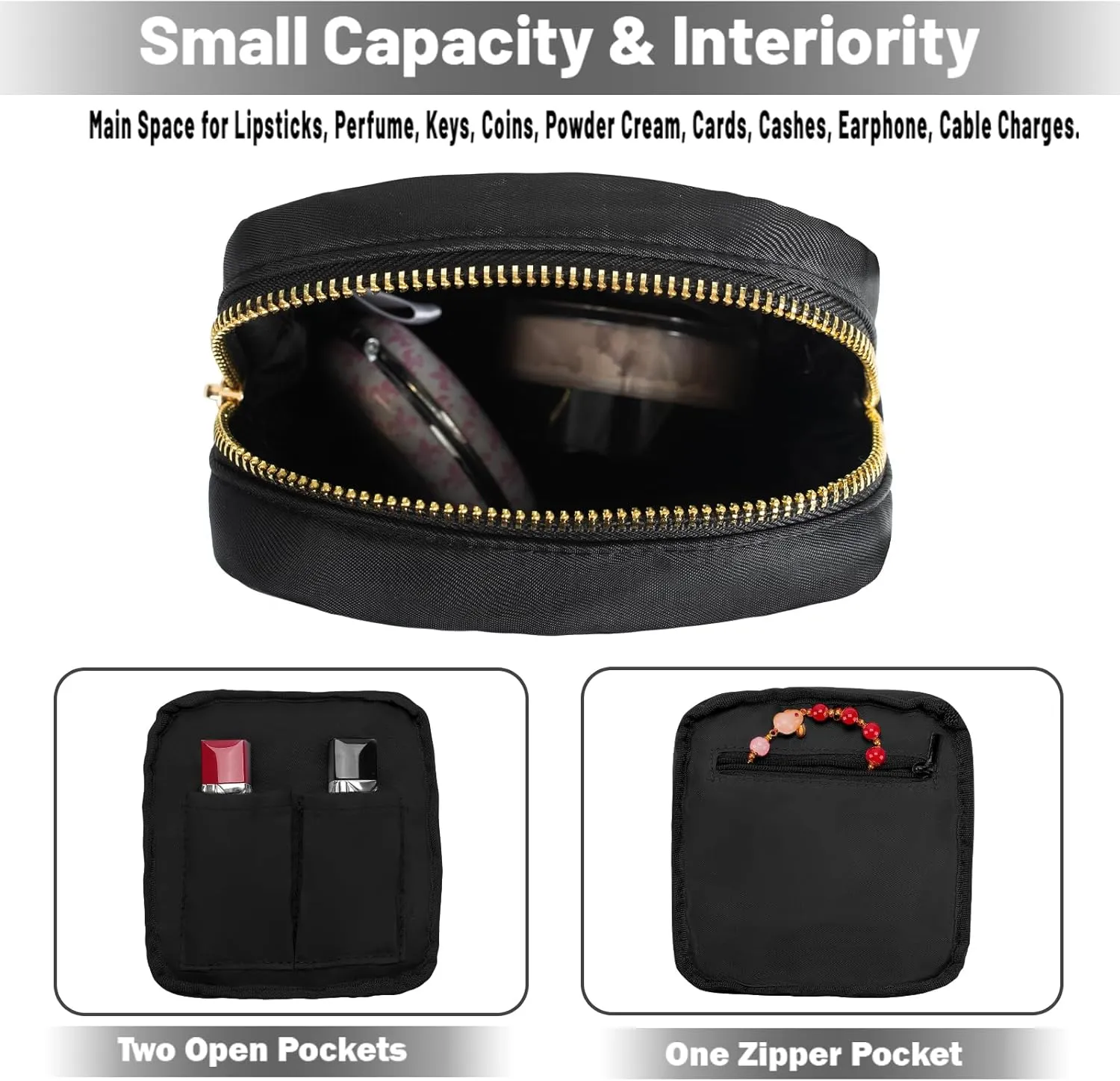 Small Makeup Bag Pouch for Purse Mini Travel Cosmetic Pouch Bag Women Coins Purse Lipstick Jewelry Bag with Zipper Pocket(Black,S)
