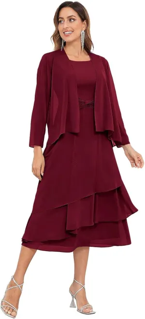 SOLODISH 2 Pieces Tea Length Mother of The Bride Dresses for Wedding Chiffon Formal Dresses for Women