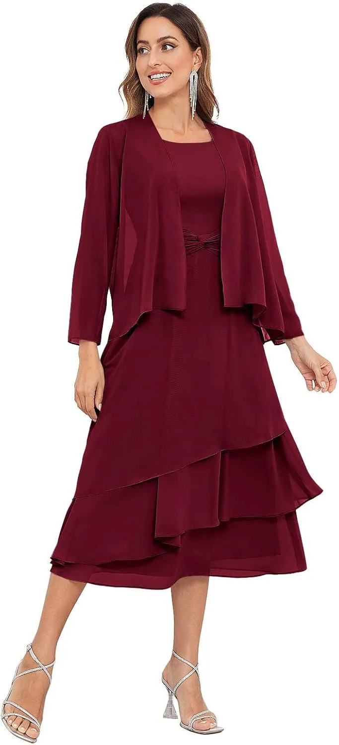 SOLODISH 2 Pieces Tea Length Mother of The Bride Dresses for Wedding Chiffon Formal Dresses for Women
