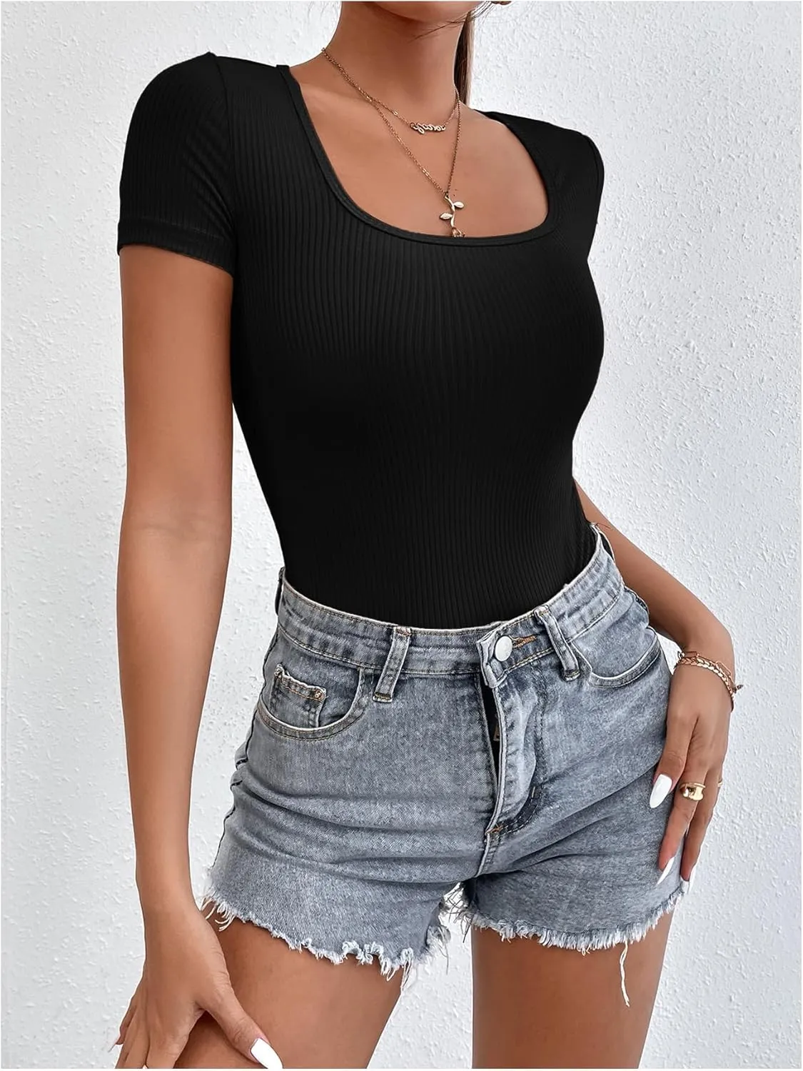 SOLY HUX Bodysuits for Women Square Neck Short Sleeve Ribbed Knit Bodysuit T Shirt Tops
