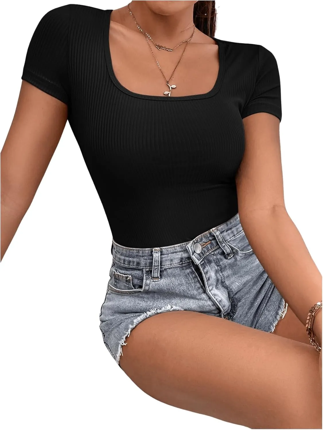 SOLY HUX Bodysuits for Women Square Neck Short Sleeve Ribbed Knit Bodysuit T Shirt Tops